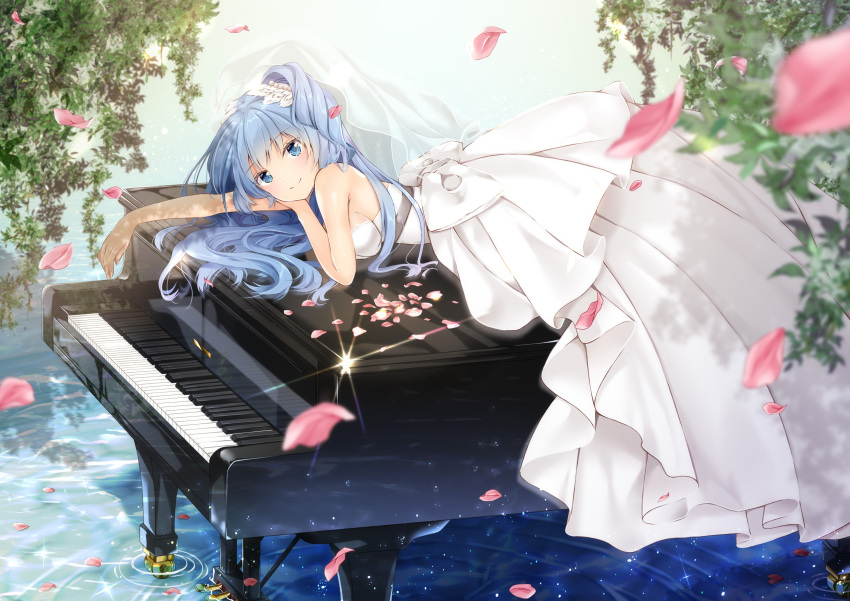 1girl absurdres armpit_crease bangs bare_arms bare_shoulders blue_eyes blue_hair blurry blush breasts cherry_blossoms closed_mouth commentary_request depth_of_field diffraction_spikes dress grand_piano hair_ornament highres instrument light light_particles long_dress long_hair medium_breasts one_side_up original petals piano plant reflection ripples smile solo water white_dress yoshida_iyo