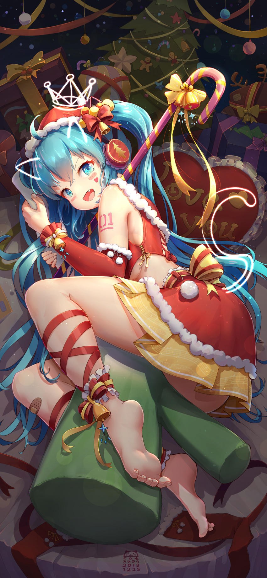 1girl absurdres ahoge ankle_bow ankle_lace-up ankle_ribbon artist_name bandaid_on_leg barefoot bell blue_eyes blue_hair blush_stickers bow box breasts cane catxuan christmas christmas_ornaments christmas_tree cross-laced_footwear dated detached_sleeves earmuffs fang gift gift_box hair_bell hair_bow hair_ornament hatsune_miku headphones highres long_hair looking_at_viewer lying musical_note musical_note_print night on_side open_mouth revision ribbon santa_costume shoulder_tattoo skirt solo spring_onion tattoo twintails under_boob very_long_hair vocaloid