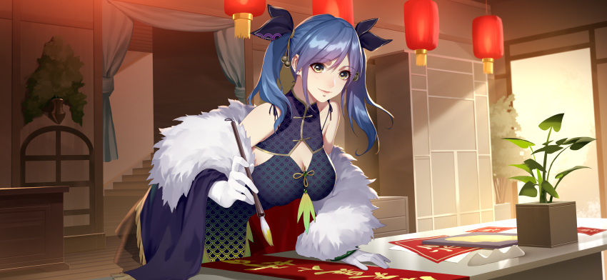 1girl absurdres bangs blue_hair breasts calligraphy_brush china_dress chinese_clothes cleavage cleavage_cutout daye_bie_qia_lian dress elbow_gloves eyebrows_visible_through_hair feather_trim gloves hair_ornament hair_ribbon highres holding_brush indoors lantern large_breasts leaning_forward leaning_on_object looking_at_viewer paintbrush plant potted_plant ribbon romantic_saga_of_beauty_&amp;_devil sleeveless smile solo swept_bangs twintails white_gloves yellow_eyes