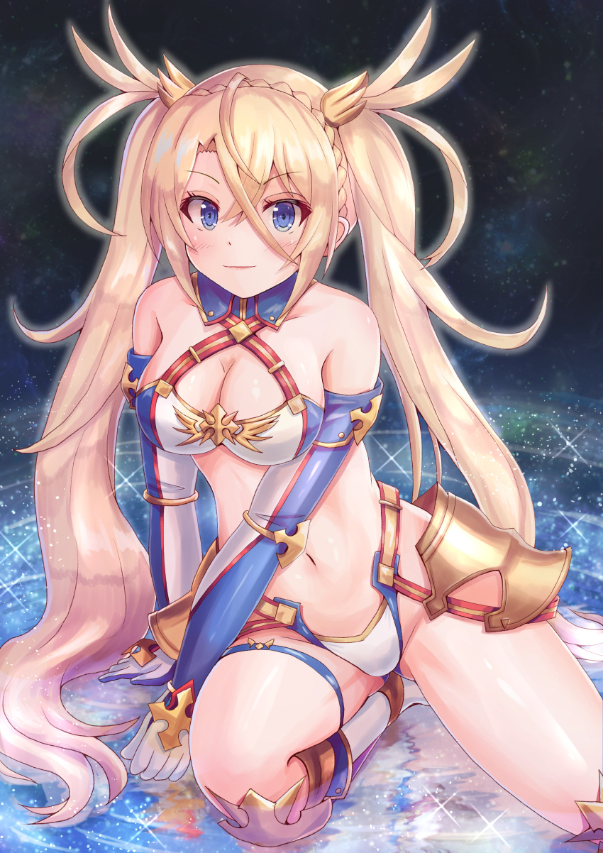 1girl absurdres ass_visible_through_thighs bangs bare_shoulders blonde_hair blue_eyes blush bradamante_(fate/grand_order) braid breasts cleavage cocoasabure crossed_bangs elbow_gloves eyebrows_visible_through_hair fate/grand_order fate_(series) french_braid gloves hair_between_eyes highres kneeling leotard long_hair looking_at_viewer medium_breasts navel solo thigh_strap twintails