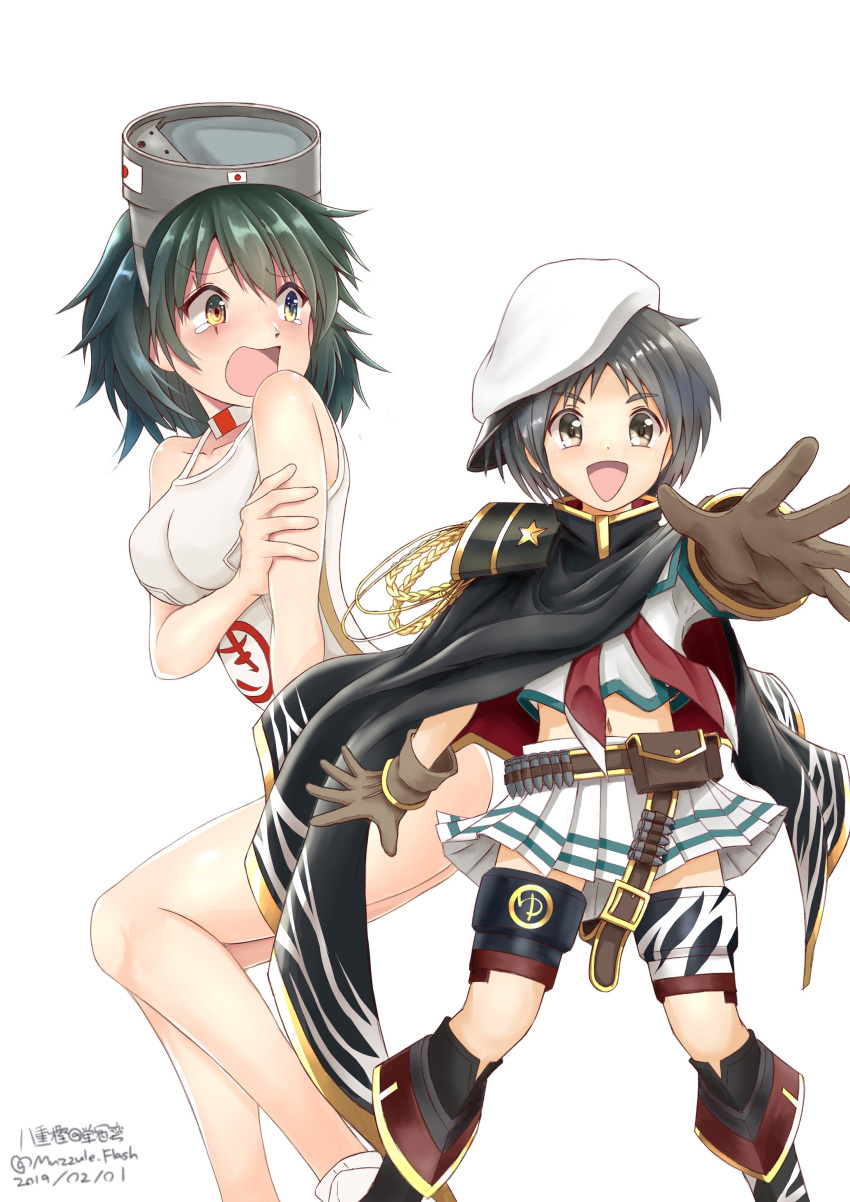 2girls absurdres artist_name bangs black_hair blue_hair boots brown_eyes cape choker commentary_request cosplay costume_switch cutlass diving_mask diving_mask_on_head feet_out_of_frame foreshortening green_eyes green_hair hat heterochromia highres kantai_collection kiso_(kantai_collection) kiso_(kantai_collection)_(cosplay) maru-yu_(kantai_collection) maru-yu_(kantai_collection)_(cosplay) multiple_girls muzzuleflash navel open_mouth parted_bangs pauldrons pleated_skirt remodel_(kantai_collection) sailor_collar sailor_hat school_swimsuit school_uniform serafuku shirt short_hair simple_background skirt smile swimsuit tears thigh-highs twitter_username white_background white_choker white_sailor_collar white_school_swimsuit white_shirt white_skirt white_swimsuit yellow_eyes