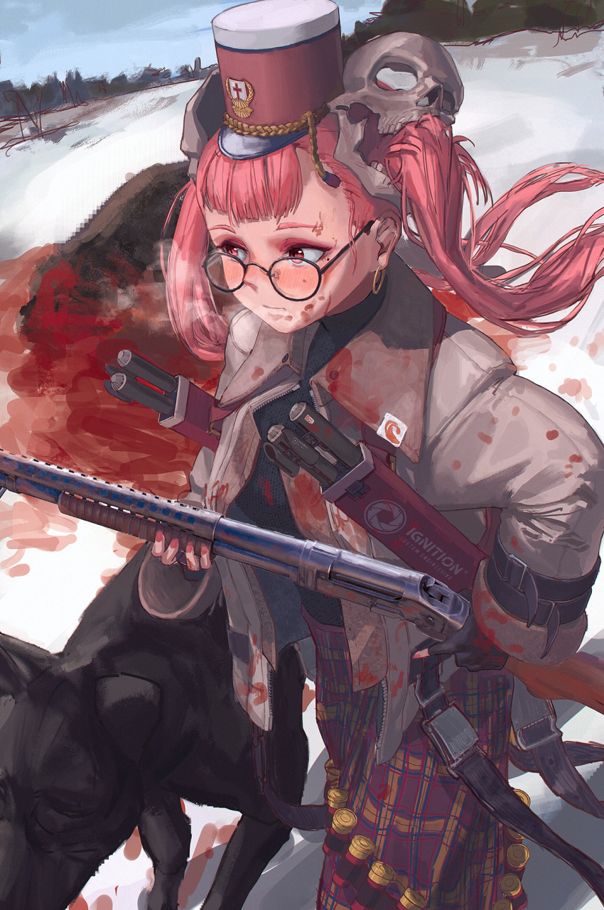 1girl animal blood blood_on_face blood_on_snow bloody_clothes blurry blush censored commentary depth_of_field dog dutch_angle earrings fingerless_gloves glasses gloves gun hair_ornament hat highres jewelry long_hair military military_uniform mole mole_under_eye nail_polish original peaked_cap plaid plaid_skirt pump_action red_nails redhead serious seung_mo_kim shotgun shotgun_shells signature skirt skull_hair_ornament sky sling snow tree turtleneck twintails uniform weapon winter