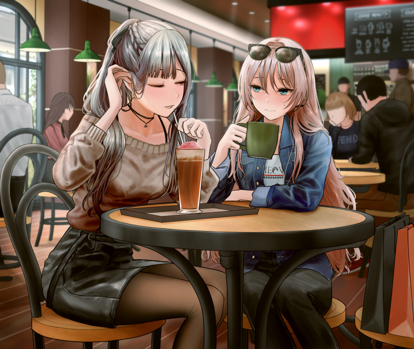 absurdres adjusting_hair ak-12_(girls_frontline) an-94_(girls_frontline) bag bangs belt black_legwear black_pants black_skirt blonde_hair blue_eyes blush braid breasts brown_sweater cafe casual choker closed_mouth collarbone cup denim denim_jacket drinking_straw elbow_rest eyebrows_visible_through_hair girls_frontline hair_ribbon hairband half-closed_eye highres holding holding_cup holding_drinking_straw indoors jacket jewelry long_hair long_sleeves looking_at_another multiple_boys multiple_girls necklace one_eye_closed open_mouth pants pantyhose ribbon shirt shopping_bag sidelocks silver_hair sitting skirt sleeves_folded_up smile sweater table testame tray tress_ribbon very_long_hair violet_eyes