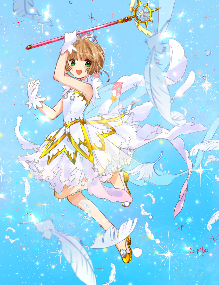 1girl :d absurdres artist_name blue_background brown_hair card_captor_sakura dress eyebrows_visible_through_hair full_body gloves green_eyes green_hair highres holding holding_staff kinomoto_sakura layered_dress looking_at_viewer open_mouth pump sakuramoti0511 shiny shiny_skin short_dress short_hair sleeveless sleeveless_dress smile staff white_dress white_feathers white_gloves