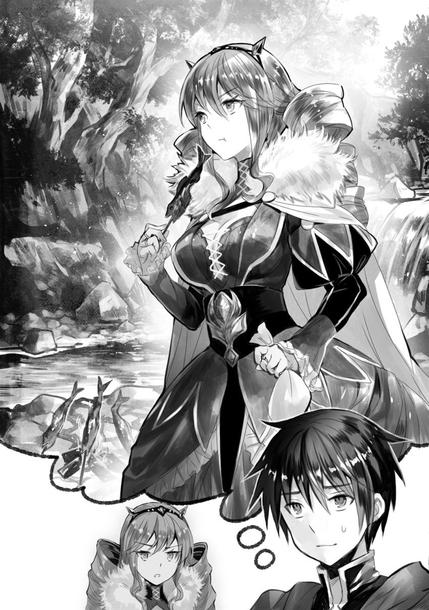 1boy 1girl breasts cleavage drill_hair eating forest fuji_choko greyscale hachinan_tte_sore_wa_nai_deshou! hairband highres holding jewelry katharina_linda_von_weigel large_breasts long_hair long_sleeves monochrome nature novel_illustration official_art outdoors ring sweatdrop thought_bubble twin_drills water waterfall wendelin_von_benno_baumeister