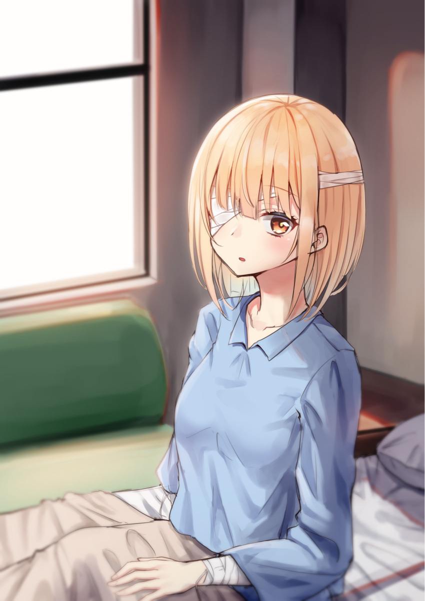 1girl amputee bandage bandage_over_one_eye bandaged_arm bandages bangs bed blonde_hair blue_shirt blurry blurry_background blush breasts brown_eyes collarbone collared_shirt commentary day detached_sleeves eyebrows_visible_through_hair hair_over_one_eye highres indoors long_hair long_sleeves parted_lips pillow piripun shirt sitting small_breasts solo sunlight under_covers window