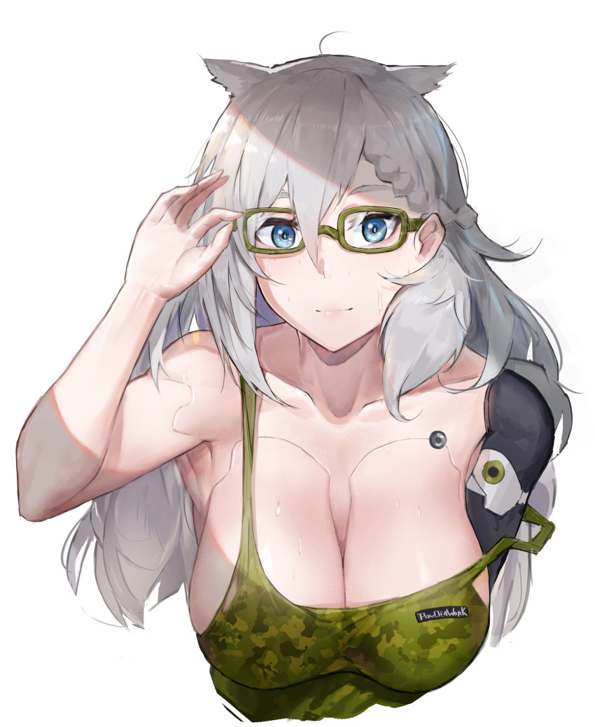 1girl adjusting_eyewear animal_ears armpits bangs bare_shoulders blue_eyes braid breasts camouflage_tank_top cat_ears cleavage closed_mouth cybernetic_parts girls_frontline grey_hair hair_between_eyes highres ksvk_(girls_frontline) large_breasts long_hair looking_at_viewer mechanical_arm pandea_work sagging_breasts solo sweat upper_body very_long_hair white_background