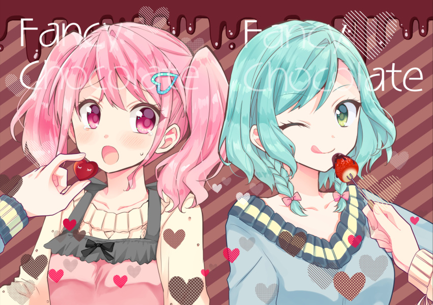 2girls :o ;q apron aqua_hair bang_dream! bangs blue_sweater blush bow brown_hair chocolate collarbone cover cover_page diagonal-striped_background diagonal_stripes doujin_cover english_text feeding food fruit green_eyes hair_bow hair_ornament heart heart_hair_ornament hikawa_hina long_sleeves looking_at_another maruyama_aya mio_(melchi) multiple_girls one_eye_closed pink_apron pink_bow pink_eyes pink_hair short_hair side_braids sidelocks strawberry striped striped_background sweatdrop sweater tongue tongue_out twintails upper_body valentine yellow_sweater