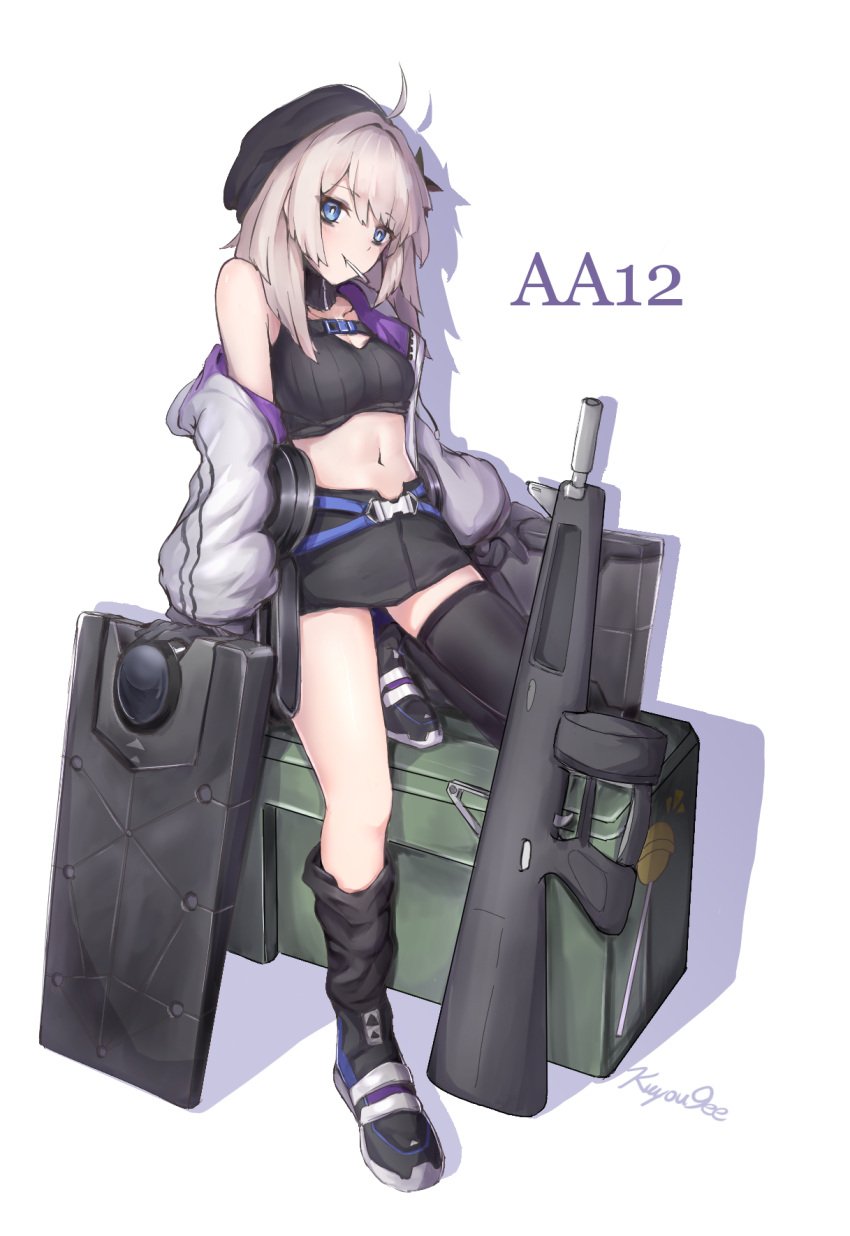 1girl aa-12 aa-12_(girls_frontline) ahoge asymmetrical_legwear bangs beret black_footwear black_gloves black_hat black_legwear black_shirt black_skirt blue_eyes blush breasts brown_hair character_name closed_mouth collarbone commentary_request crop_top eyebrows_visible_through_hair girls_frontline gloves grey_jacket gun hair_between_eyes hat head_tilt highres jacket ky_(ky990533) long_hair long_sleeves looking_at_viewer loose_socks medium_breasts mouth_hold navel object_namesake off_shoulder open_clothes open_jacket puffy_long_sleeves puffy_sleeves ribbed_shirt shadow shirt shoes shotgun signature single_thighhigh skirt solo thigh-highs weapon white_background