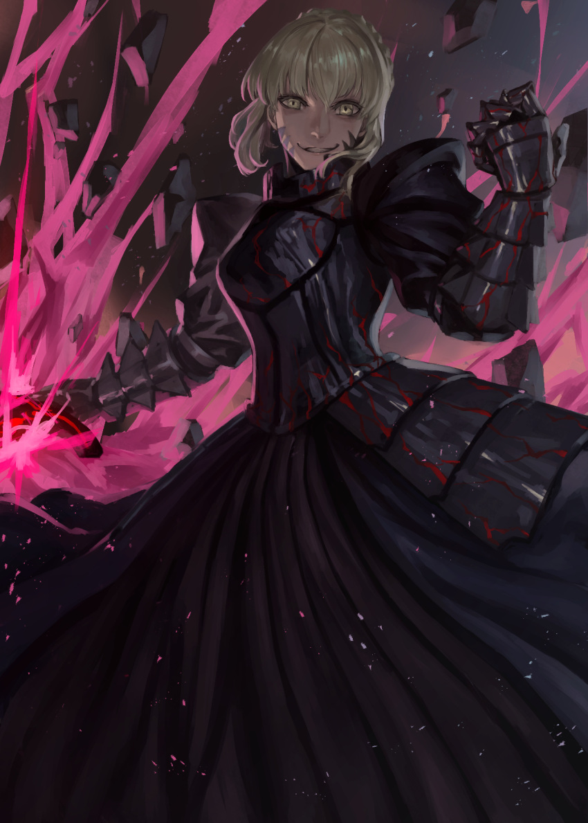 1girl arm_at_side armor artoria_pendragon_(all) bangs black_dress blonde_hair breastplate clenched_teeth commentary_request corruption dark dark_excalibur dress energy evil_grin evil_smile fate/stay_night fate_(series) faulds gauntlets glowing glowing_weapon grin hair_bun hand_up highres holding holding_sword holding_weapon juliet_sleeves light_particles long_dress long_sleeves looking_at_viewer outstretched_arm peperon_(peperou) pleated_dress puffy_sleeves saber_alter shards short_hair sidelocks smile solo sword teeth thorns weapon yellow_eyes
