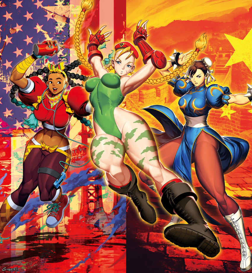 3girls american_flag blonde_hair bodypaint bracelet braid breasts bun_cover cammy_white china_dress chinese_clothes chun-li dark_skin double_bun dress earphones earphones genzoman great_wall_of_china green_leotard hair_bun highres jewelry kimberly_jackson leotard listening_to_music midriff multiple_girls navel open_mouth pantyhose people's_republic_of_china_flag quad_braids scar scar_on_cheek scar_on_face spiked_bracelet spikes street_fighter twin_braids