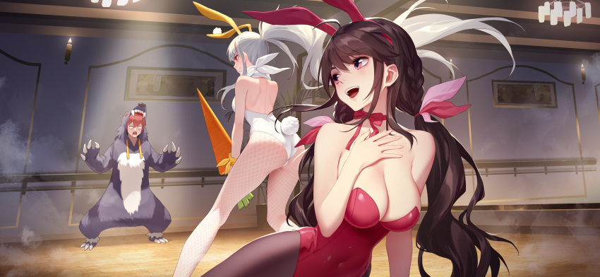 1boy 2girls absurdres ahoge animal_costume animal_ears arm_support ass bare_shoulders black_legwear blush bow braid breasts brown_hair bunny_girl bunny_tail bunnysuit cleavage covered_navel daye_bie_qia_lian detached_collar eyebrows_visible_through_hair facing_away facing_viewer fake_animal_ears fishnet_pantyhose fishnets hair_ribbon hand_on_own_chest highres holding holding_weapon indoors large_breasts leotard long_hair looking_back multicolored_hair multiple_girls open_mouth pantyhose plant ponytail potted_plant rabbit_ears red_bow red_eyes red_leotard red_ribbon redhead ribbon romantic_saga_of_beauty_&amp;_devil scarf silver_hair strapless strapless_leotard streaked_hair tail twintails weapon white_legwear white_leotard wolf_costume