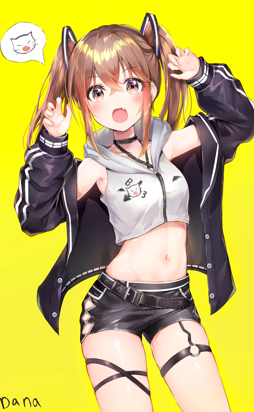 1girl :o absurdres argyle_cutout armpits artist_name bangs bare_shoulders belt black_choker black_jacket black_shorts blush breasts brown_eyes brown_hair buttons choker claw_pose collarbone cowboy_shot crop_top crossed_bangs dana_(hapong07) fang hair_between_eyes hair_ornament hands_up highres hood hood_down hoodie jacket legs_apart long_hair long_sleeves looking_at_viewer midriff navel off_shoulder open_clothes open_jacket open_mouth original puffy_sleeves shorts sidelocks simple_background skindentation sleeveless sleeveless_hoodie small_breasts solo speech_bubble standing stomach thigh_strap twintails twintails_day wing_collar yellow_background