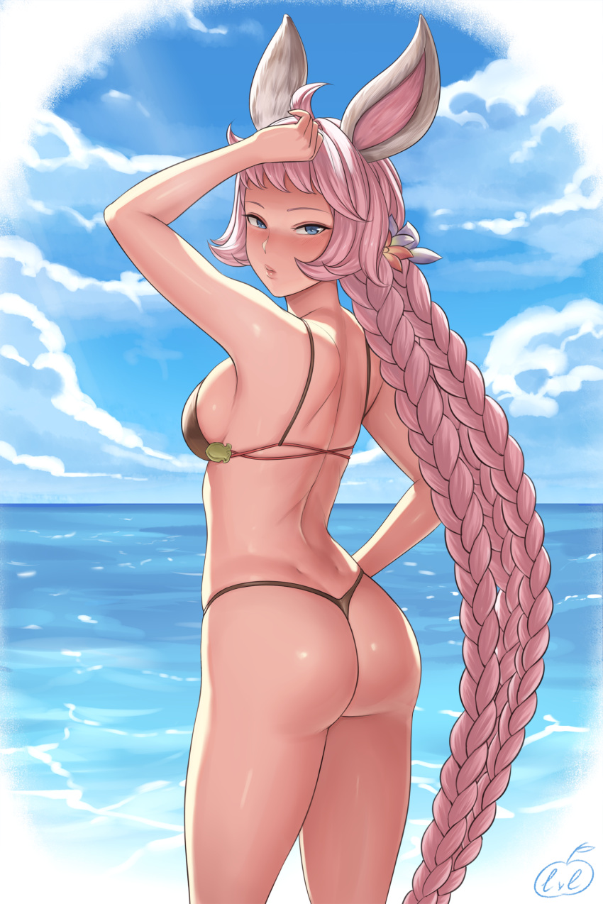 1girl ahoge animal_ears arm_up ass back bangs bare_shoulders beach bikini black_bikini blue_eyes blue_sky blush braid breasts clouds day erune esser flower granblue_fantasy hair_flower hair_ornament highres large_breasts lips long_hair looking_at_viewer looking_back lvl_(sentrythe2310) outdoors pink_hair shoulder_blades sideboob skindentation sky solo standing swimsuit thong_bikini twin_braids very_long_hair