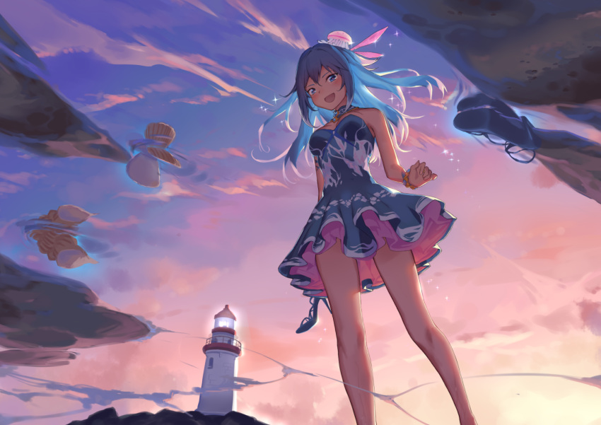 1girl bangs bare_shoulders blue_dress blue_eyes blue_hair blush breasts detached_collar dress eyebrows_visible_through_hair from_below hair_between_eyes haiyi high_heels holding holding_shoes jellyfish lighthouse long_hair looking_at_viewer medium_breasts open_mouth outdoors shoes shoes_removed solo sparrow_(xici9527) strapless strapless_dress sunset vocaloid