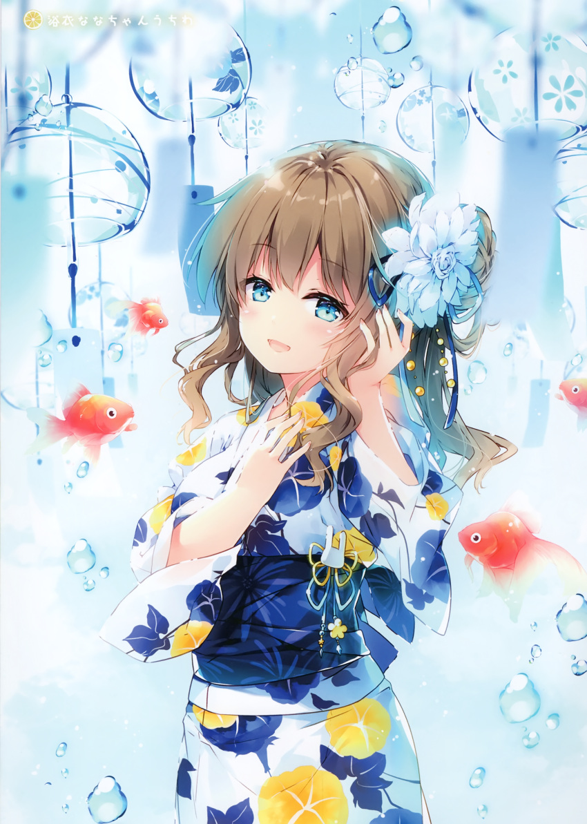 1girl :d absurdres bangs blue_eyes blue_ribbon blurry blurry_foreground blush brown_hair depth_of_field eyebrows_visible_through_hair fish floral_print flower goldfish hair_flower hair_ornament hair_ribbon hair_tucking half-closed_eyes hand_up head_tilt highres japanese_clothes kimono long_hair long_sleeves looking_at_viewer mochizuki_shiina nail_polish obi one_side_up open_mouth original pink_nails print_kimono ribbon sash scan sidelocks smile solo upper_body water_drop wavy_hair white_flower white_kimono wide_sleeves wind_chime yukata