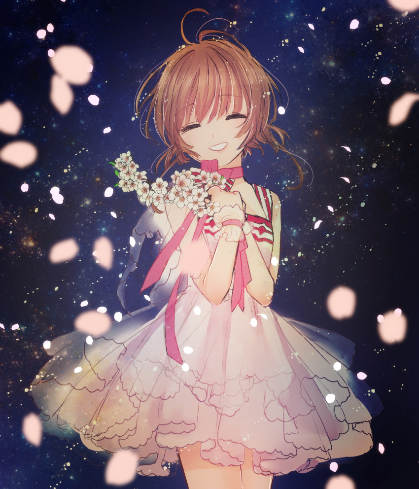 1girl antenna_hair brown_hair card_captor_sakura choker closed_eyes cowboy_shot dress eyebrows_visible_through_hair flower grin highres holding holding_flower kinomoto_sakura layered_dress pink_ribbon ribbon ribbon_choker sakuramoti0511 see-through short_dress short_hair sleeveless sleeveless_dress smile solo standing white_dress white_flower