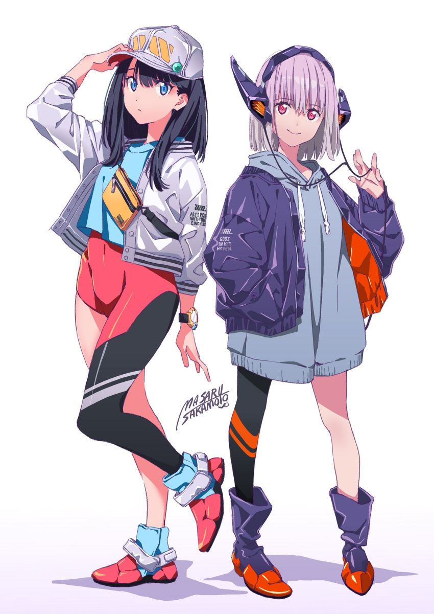 2girls adjusting_clothes adjusting_hat alternate_costume baseball_cap black_hair bodysuit boots fashion hat headphones highres hood hoodie jacket lavender_hair multiple_girls purple_jacket shinjou_akane ssss.gridman takarada_rikka tuki3002 watch watch