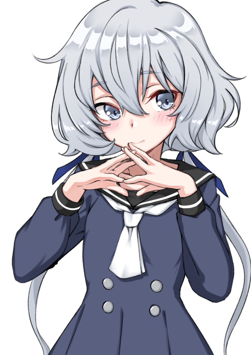1girl absurdres bangs black_sailor_collar blue_dress blue_eyes blue_ribbon blush commentary dress eyebrows_visible_through_hair hair_between_eyes hair_ribbon hands_up head_tilt highres interlocked_fingers ivan_wang konno_junko long_hair long_sleeves looking_at_viewer low_twintails neckerchief ribbon sailor_collar sailor_dress silver_hair simple_background solo twintails very_long_hair white_background white_neckwear zombie_land_saga