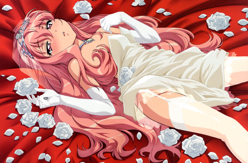 artist_request bride dress elbow_gloves flower garter_belt gloves highres jewelry long_hair louise_francoise_le_blanc_de_la_valliere lying necklace on_back open_mouth pink_eyes pink_hair ring rose roses thigh-highs thighhighs tiara veil wedding_dress white_rose zero_no_tsukaima