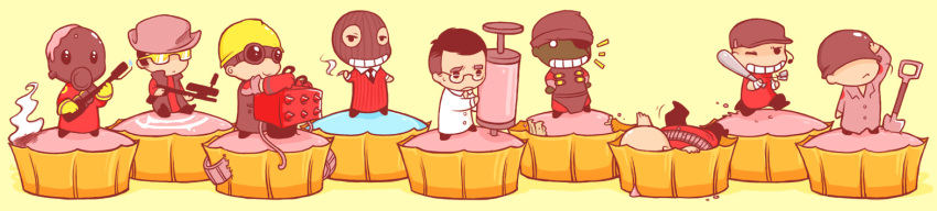 chibi cupcake everyone glasses gun helmet long_image shovel syringe team_fortress_2 the_demoman the_engineer the_heavy the_medic the_pyro the_scout the_sniper the_soldier the_spy weapon wide_image worktool