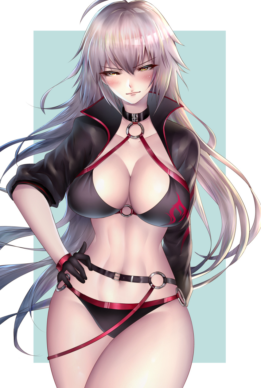 1girl absurdres ahoge bikini black_bikini black_choker black_jacket blush border breasts choker cleavage closed_mouth commentary_request cowboy_shot cropped_jacket curvy donatsu_(donut007008) fate/grand_order fate_(series) gloves grey_background hand_on_hip highres jacket jeanne_d'arc_(alter)_(fate) jeanne_d'arc_(alter_swimsuit_berserker) jeanne_d'arc_(fate)_(all) large_breasts long_hair looking_at_viewer midriff navel o-ring o-ring_bikini o-ring_bottom o-ring_top pink_lips shrug_(clothing) silver_hair solo standing swimsuit tsurime very_long_hair white_border wide_hips yellow_eyes