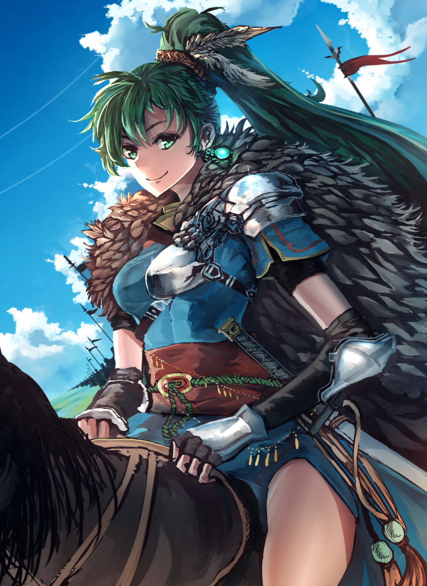 1girl anonamos army black_gloves breasts cape clouds cloudy_sky day dress earrings elbow_gloves feathers fire_emblem fire_emblem:_rekka_no_ken fire_emblem_heroes fur_cape glint gloves green_eyes green_hair hair_feathers highres horseback_riding jewelry katana long_hair looking_at_viewer lyndis_(fire_emblem) medium_breasts nintendo polearm ponytail riding saddle sash short_sleeves shoulder_armor sky smile spear sword thighs weapon wrist_guards