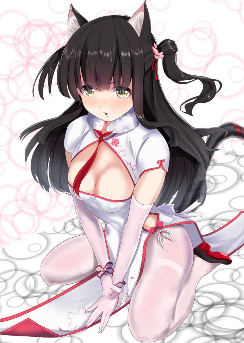 1girl alternate_costume animal_ears azur_lane black_hair blush breasts cat_ears china_dress chinese_clothes cleavage commentary_request detached_sleeves dress full_body green_eyes hair_ornament highres long_hair looking_at_viewer pantyhose sandals schreibe_shura simple_background solo yuugure_(azur_lane)