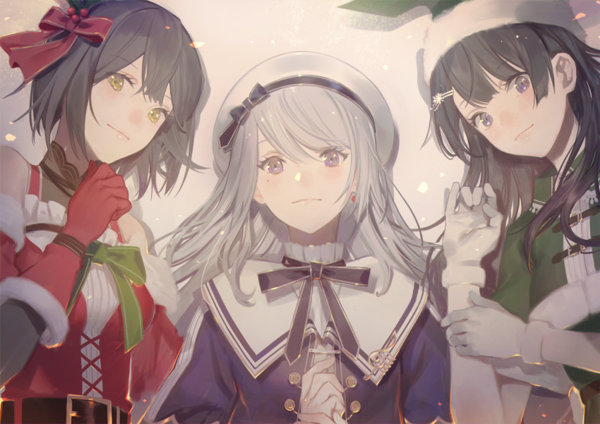 3girls absurdres bare_shoulders belt beret black_hair blue_eyes blue_hair blush bow bowtie capelet christmas collar commentary earrings frilled_collar frills from_above gloves green_santa_costume grey_hair hair_bow hair_down hair_ornament hairclip hands_together hat highres higuchi_kaede jewelry long_hair looking_at_viewer lying mole mole_under_eye multiple_girls nijisanji on_back on_floor on_side pale_skin red_gloves sailor_collar santa_costume santa_hat shizuka_rin short_hair side-by-side single_earring tsukino_mito unti_no_azi violet_eyes virtual_youtuber white_background white_gloves yellow_eyes