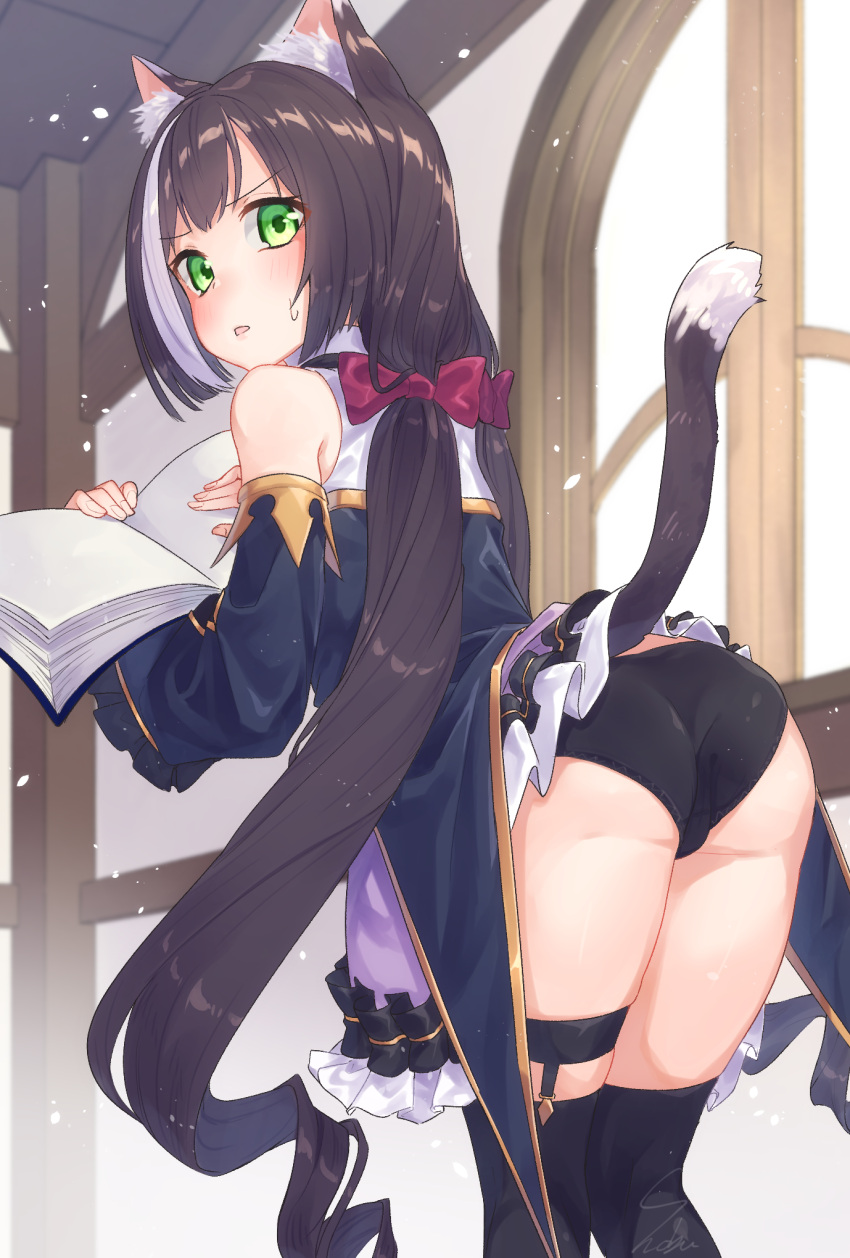 1girl animal_ears ass bangs bare_shoulders black_hair black_legwear black_panties blush book bow cat_ears cat_girl cat_tail commentary_request cowboy_shot detached_sleeves dress eyebrows_visible_through_hair fingernails frilled_sleeves frills from_behind green_eyes hair_bow hair_ornament highres holding holding_book kyaru_(princess_connect) long_fingernails long_hair long_sleeves looking_at_viewer looking_back low_twintails multicolored_hair open_book open_mouth panties princess_connect! princess_connect!_re:dive red_bow sho_bu_1116 signature sleeveless sleeveless_dress solo standing streaked_hair sweatdrop tail thigh-highs twintails underwear very_long_hair white_hair wide_sleeves
