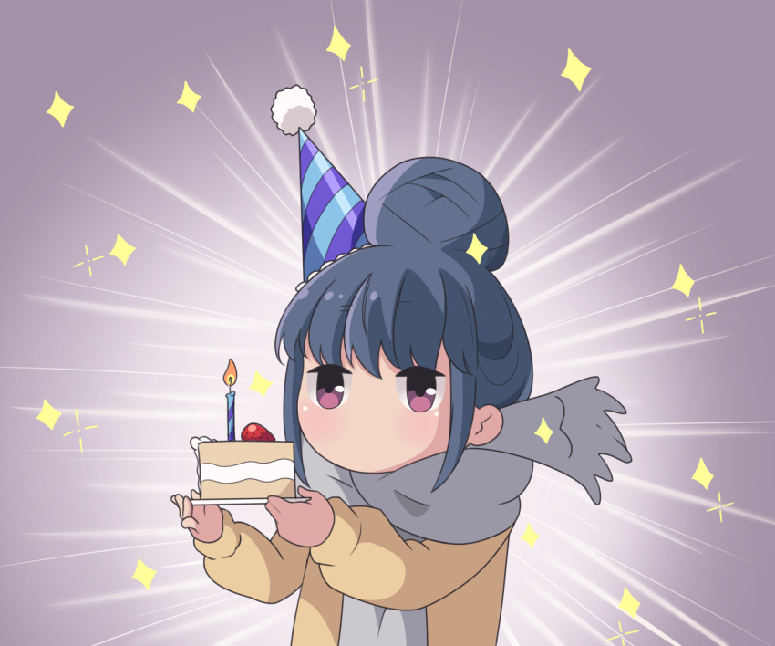 1girl birthday blue_hair cake candle chibi commentary english_commentary food hair_bun hat highres holding no_mouth party_hat scarf school_uniform shima_rin solo violet_eyes yunyunmaru yurucamp