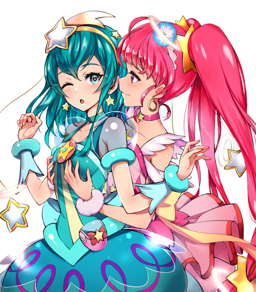 2girls ;o blue_choker blue_eyes blue_hair blue_skirt blush breast_grab bubble_skirt choker collarbone commentary_request cure_milky cure_star earrings frilled_skirt frills grabbing grabbing_from_behind hagoromo_lala hair_ornament highres hoop_earrings hoshina_hikaru jewelry long_hair looking_at_another magical_girl multiple_girls one_eye_closed pink_choker pink_eyes pink_hair pink_skirt precure puca-rasu short_hair simple_background skirt smile star star-shaped_pupils star_earrings star_hair_ornament star_twinkle_precure symbol-shaped_pupils twintails white_background yuri