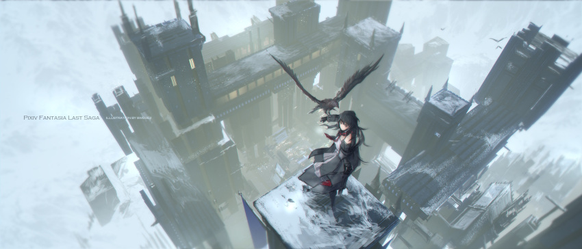 1girl animal artist_name bangs bird bird_on_arm black_coat black_eyes black_gloves black_hair building commentary_request copyright_name from_above gloves highres juliet_sleeves long_hair long_sleeves looking_away looking_to_the_side pixiv_fantasia pixiv_fantasia_last_saga puffy_sleeves sketch snow solo standing swd3e2
