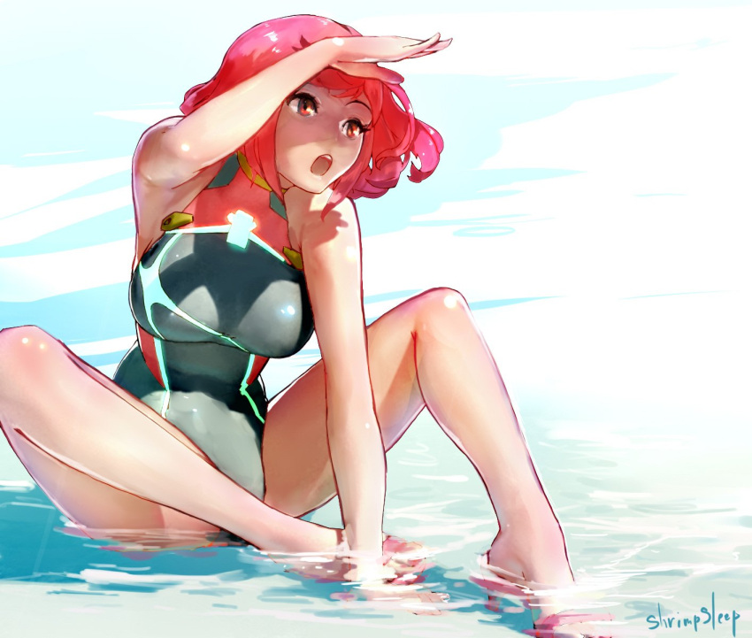 1girl bangs black_swimsuit blush breasts covered_navel dress earrings fingerless_gloves gloves headpiece highres pyra_(xenoblade) jewelry large_breasts looking_at_viewer nintendo open_mouth red_eyes red_shorts redhead short_hair shorts shrimqsleeq simple_background smile solo swept_bangs swimsuit tiara xenoblade_(series) xenoblade_2