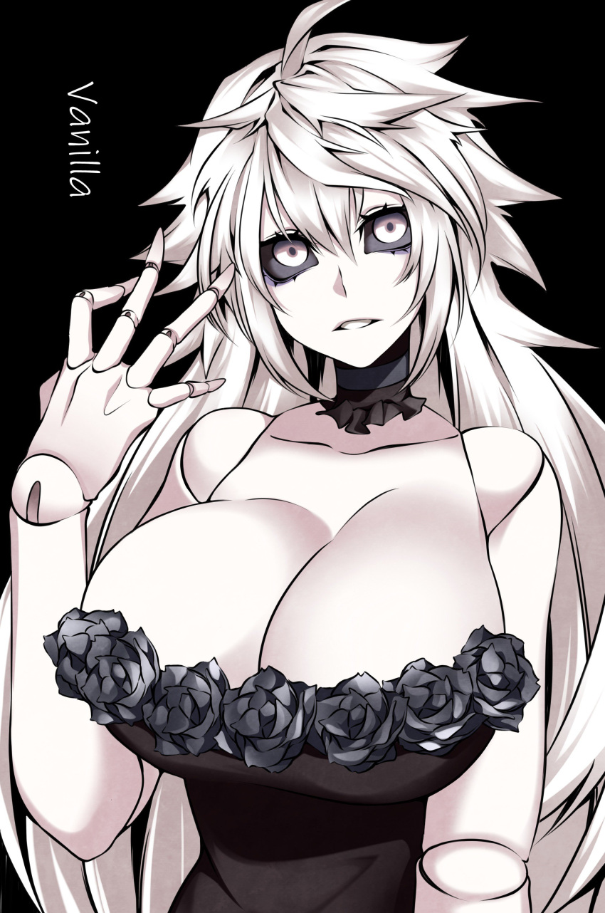 1girl absurdres black_background black_dress black_sclera breasts camui_kamui commentary_request doll_joints dress hair_between_eyes hand_up highres huge_breasts long_hair looking_at_viewer original parted_lips simple_background solo strapless strapless_dress white_eyes white_hair white_skin