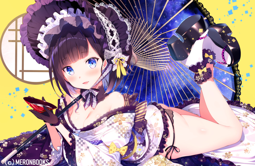 1girl ass bangs black_gloves black_panties blue_eyes blush breasts choker cleavage cup cut_(bu-kunn) feet_up frills geta gloves gothic_lolita headdress holding holding_cup japanese_clothes kimono lace lace-trimmed_gloves lace-trimmed_kimono lace-trimmed_umbrella large_breasts lingerie lolita_fashion long_hair looking_at_viewer lying off_shoulder on_stomach open_mouth oriental_umbrella original panties purple_hair short_kimono side-tie_panties sidelocks smile solo tabi thighs umbrella underwear white_legwear wide_sleeves