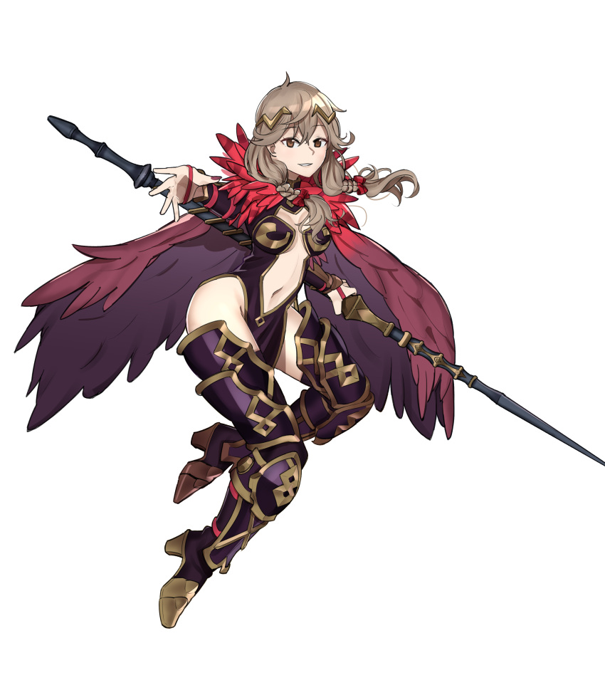 1girl absurdres alternate_costume armor armored_boots armored_dress boots braid breasts brown_eyes cape circlet cleavage ebinku effie_(fire_emblem) eyebrows_visible_through_hair fire_emblem fire_emblem_echoes:_mou_hitori_no_eiyuuou full_body high_heel_boots high_heels highres light_brown_hair looking_at_viewer medium_breasts medium_hair navel navel_cutout nintendo outstretched_hand pelvic_curtain polearm purple_legwear sidelocks simple_background smile solo thigh-highs thigh_boots thighs twin_braids weapon white_background