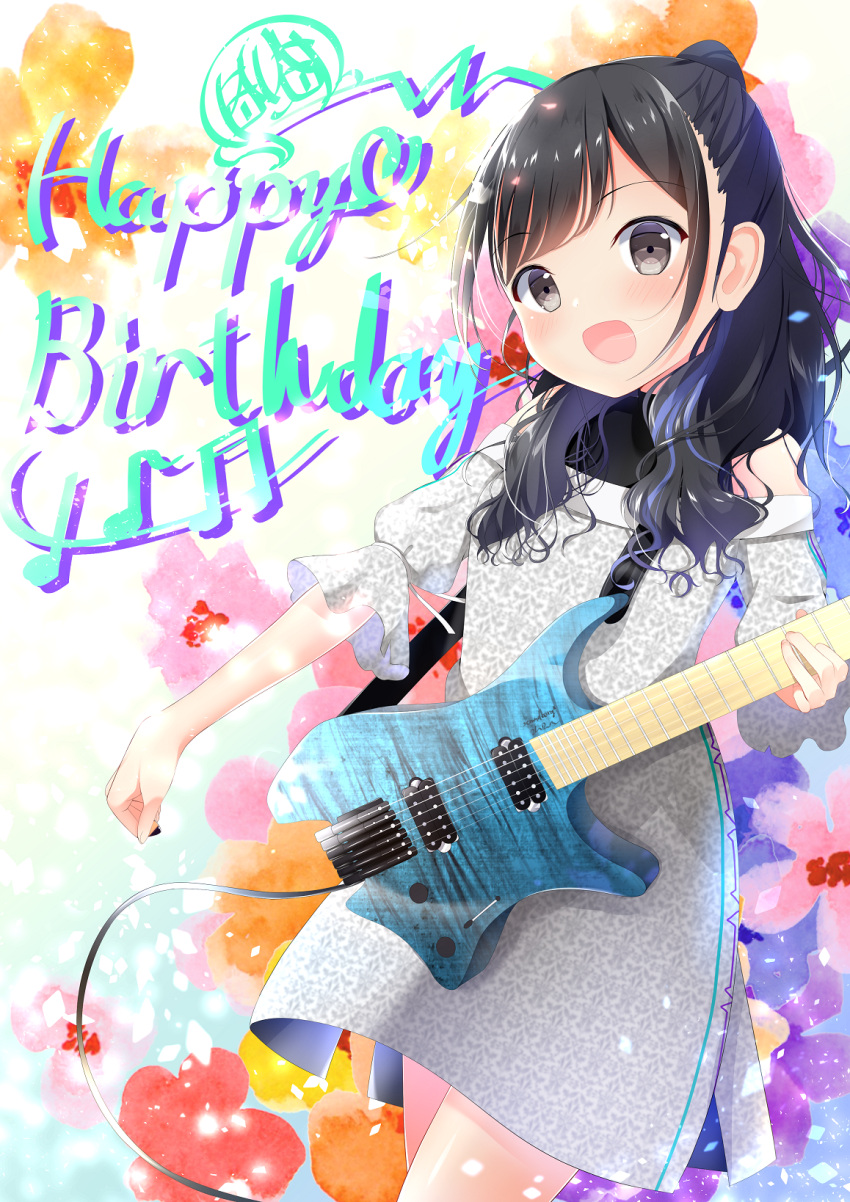 1girl :d bangs black_hair blush cable commentary_request dress electric_fan floral_background frilled_sleeves frills half_updo happy_birthday heart highres koh_(user_kpcu7748) kohara_riko long_hair looking_at_viewer musical_note open_mouth plectrum print_dress real_life seiyuu shoulder_cutout side_slit smile solo