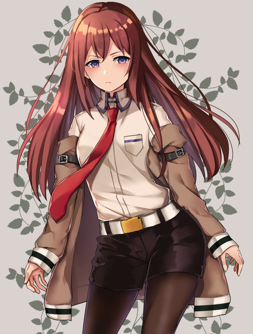 1girl arm_strap belt black_legwear breasts brown_hair collared_shirt contrapposto cowboy_shot grey_background highres jacket leaf leaf_background legwear_under_shorts long_hair long_sleeves makise_kurisu necktie neko_nomaru off_shoulder pantyhose red_neckwear shirt short_shorts shorts simple_background small_breasts solo steins;gate straight_hair violet_eyes