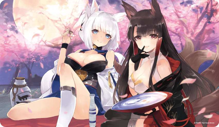 2girls akagi_(azur_lane) alcohol animal_ears azur_lane bangs black_kimono blue_eyes blunt_bangs breasts brown_hair cleavage cup eyeliner eyeshadow fox_ears fox_girl fox_mask fox_tail gloves hakama_skirt highres japanese_clothes kaga_(azur_lane) kimono kitsune long_hair looking_at_viewer makeup mask mask_on_head multiple_girls multiple_tails partly_fingerless_gloves red_eyes red_skirt sake short_hair skirt tail tetsujin_momoko white_hair white_kimono wide_sleeves