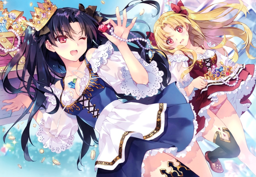 2girls absurdres apron bangs bare_shoulders between_breasts black_hair black_legwear blonde_hair blue_sky blush bow breasts carnelian collarbone crown day detached_sleeves dress ereshkigal_(fate/grand_order) eyebrows_visible_through_hair fate/grand_order fate_(series) gem gold gold_coin hair_bow hair_ornament highres huge_filesize ishtar_(fate/grand_order) jewelry leg_up medium_breasts multiple_girls necklace one_eye_closed open_mouth outdoors panties pearl_necklace red_eyes scan shiny shiny_hair shiny_skin short_dress short_sleeves single_thighhigh sky thigh-highs treasure treasure_chest underwear waist_apron