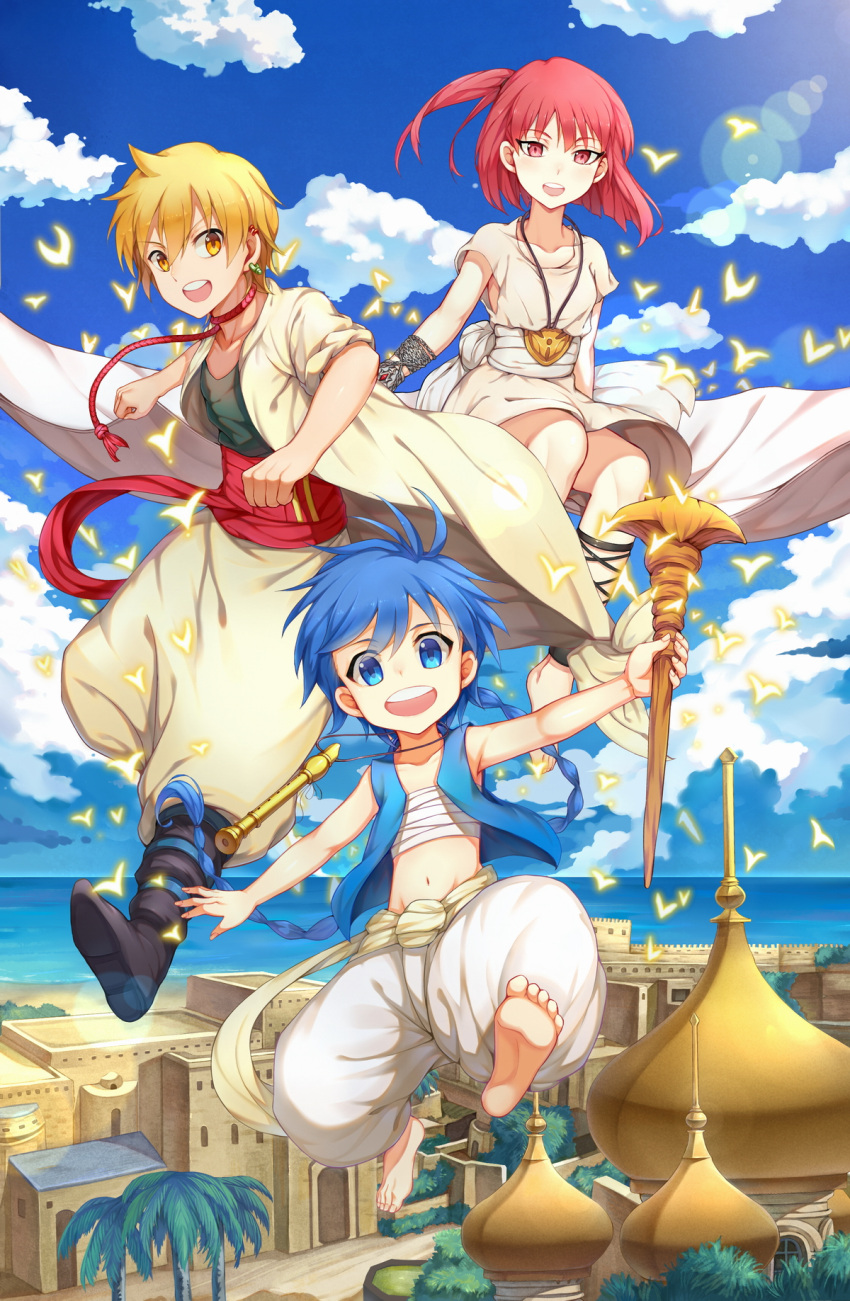 1girl 2boys aladdin_(magi) ali_baba_saluja bandage barefoot blonde_hair blue_eyes blue_hair blush boots braid breasts choukoukou_no_diaosi clouds commentary_request cross-laced_footwear day dress earrings feet flute highres holding holding_staff houses instrument jacket jewelry looking_at_viewer magi_the_labyrinth_of_magic midriff morgiana multiple_boys navel ocean one_side_up open_mouth red_eyes redhead short_hair single_braid staff upper_teeth water weapon yellow_eyes