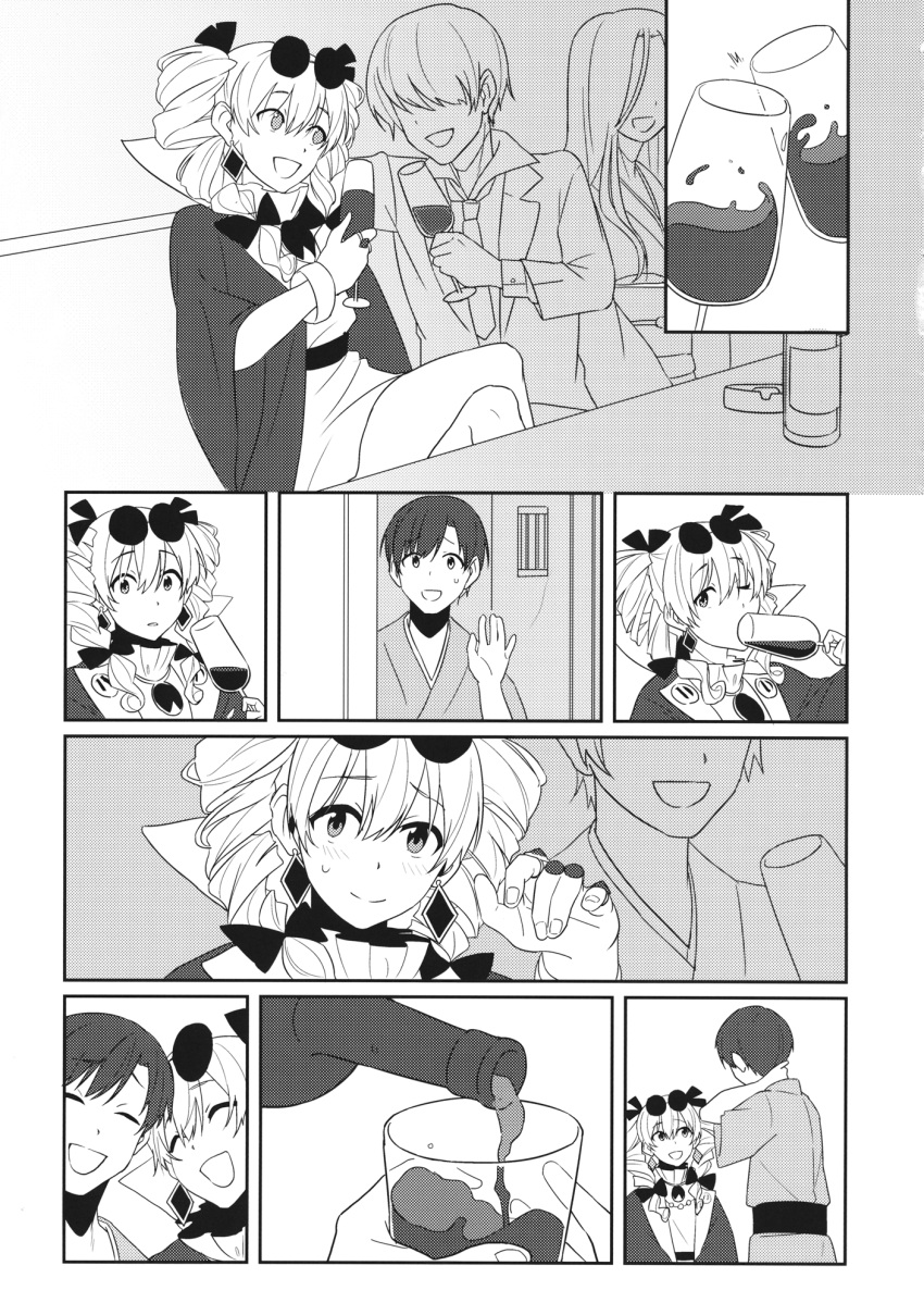 2boys 2girls brooch coat comic dress drill_hair earrings eyewear_on_head formal greyscale highres japanese_clothes jewelry kimono long_hair long_sleeves medium_hair monochrome multiple_boys multiple_girls necktie scan short_hair short_twintails suit sunglasses touhou toujou_(toujou_ramen) translation_request twin_drills twintails two_side_up yorigami_jo'on