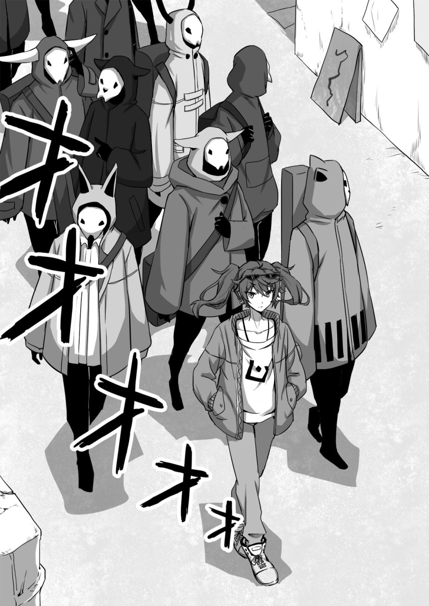 1girl 6+others collarbone comic earrings eyewear_on_head from_above hands_in_pockets hatsune_miku highres hood hoodie horns instrument_case jacket jewelry mask multiple_others nejikyuu pants road skull_mask spaghetti_strap street suna_no_wakusei_(vocaloid) twintails vocaloid walking