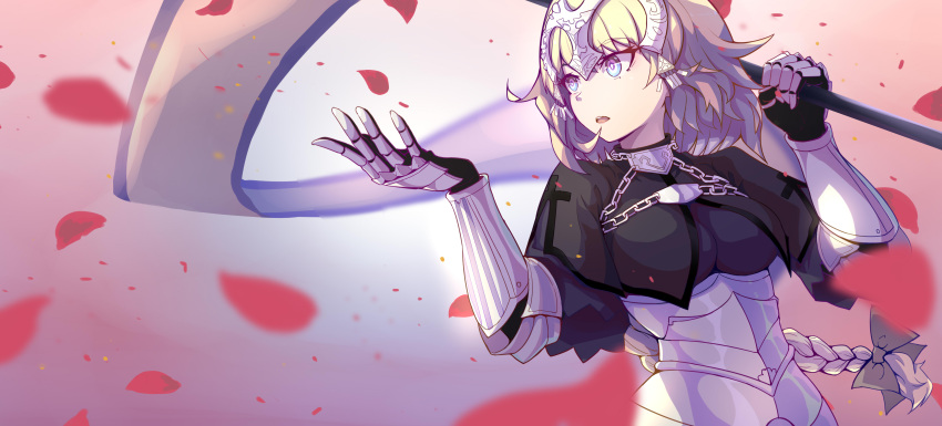 1girl absurdres armor blonde_hair blue_eyes bow braid braided_ponytail brown_bow eyebrows_visible_through_hair fate/apocrypha fate_(series) gauntlets hair_bow headpiece highres holding jeanne_d'arc_(fate) jeanne_d'arc_(fate)_(all) long_hair ryrdcaw single_braid solo upper_body very_long_hair