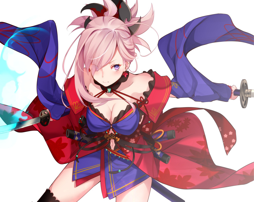 1girl absurdres bangs black_legwear blue_eyes blue_kimono blush breasts cleavage detached_sleeves dual_wielding earrings eyebrows_visible_through_hair eyes_visible_through_hair fate/grand_order fate_(series) hair_ornament highres holding japanese_clothes jewelry katana kimono kujou_ichiso large_breasts leaf_print long_hair looking_at_viewer maple_leaf_print miyamoto_musashi_(fate/grand_order) obi pink_hair ponytail sash sidelocks simple_background sleeveless sleeveless_kimono solo sword thigh-highs weapon white_background wide_sleeves