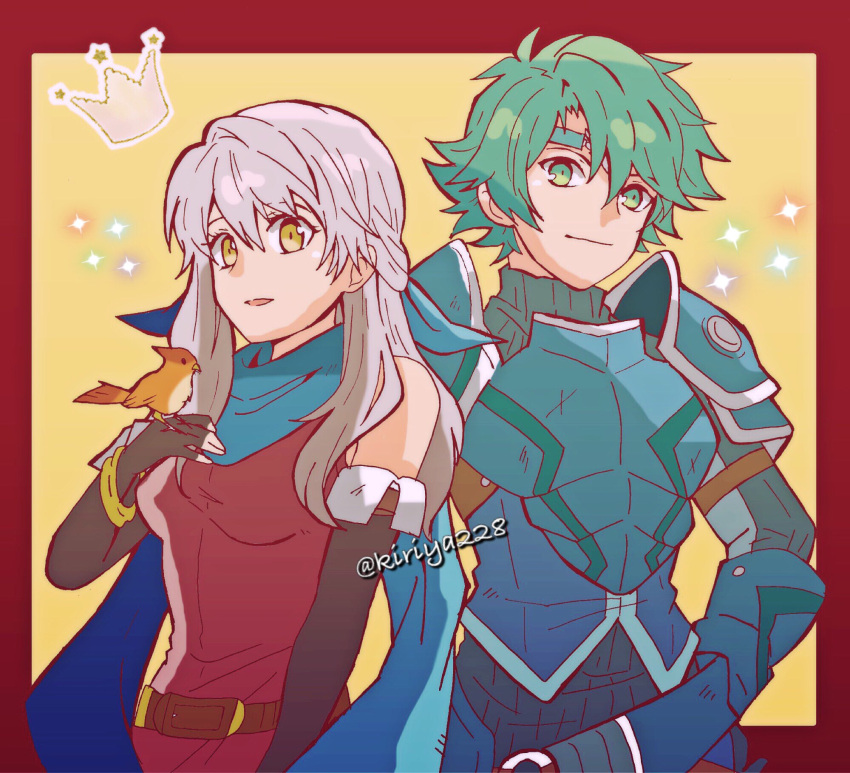 1boy 1girl alm_(fire_emblem) armor bangle bare_shoulders black_gloves bracelet dress elbow_gloves fingerless_gloves fire_emblem fire_emblem:_akatsuki_no_megami fire_emblem_echoes:_mou_hitori_no_eiyuuou fire_emblem_heroes gloves green_eyes green_hair hair_ribbon half_updo headband highres intelligent_systems jewelry kiriya_(552260) long_hair looking_at_viewer micaiah nintendo open_mouth ribbon scarf short_hair side_slit silver_hair simple_background sleeveless sleeveless_dress smile yellow_eyes yune