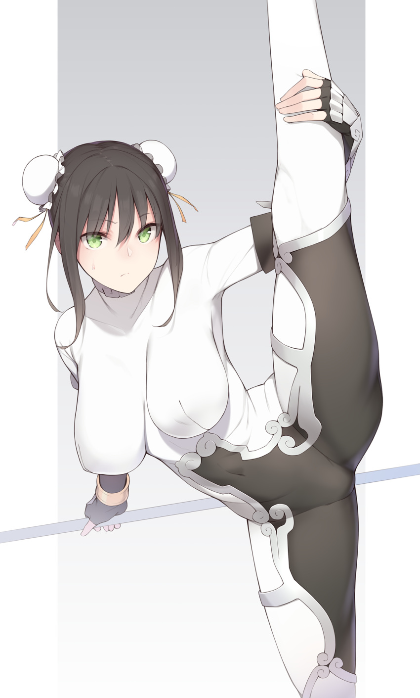 1girl arm_guards bangs black_hair bodysuit border breasts bun_cover closed_mouth covered_navel double_bun enosan fate/grand_order fate_(series) fingerless_gloves gloves green_eyes grey_background hair_between_eyes hair_ribbon highres leg_up legs looking_at_viewer qin_liangyu_(fate) railing ribbon sidelocks simple_background solo standing standing_on_one_leg stretch thighs white_bodysuit white_border yellow_ribbon