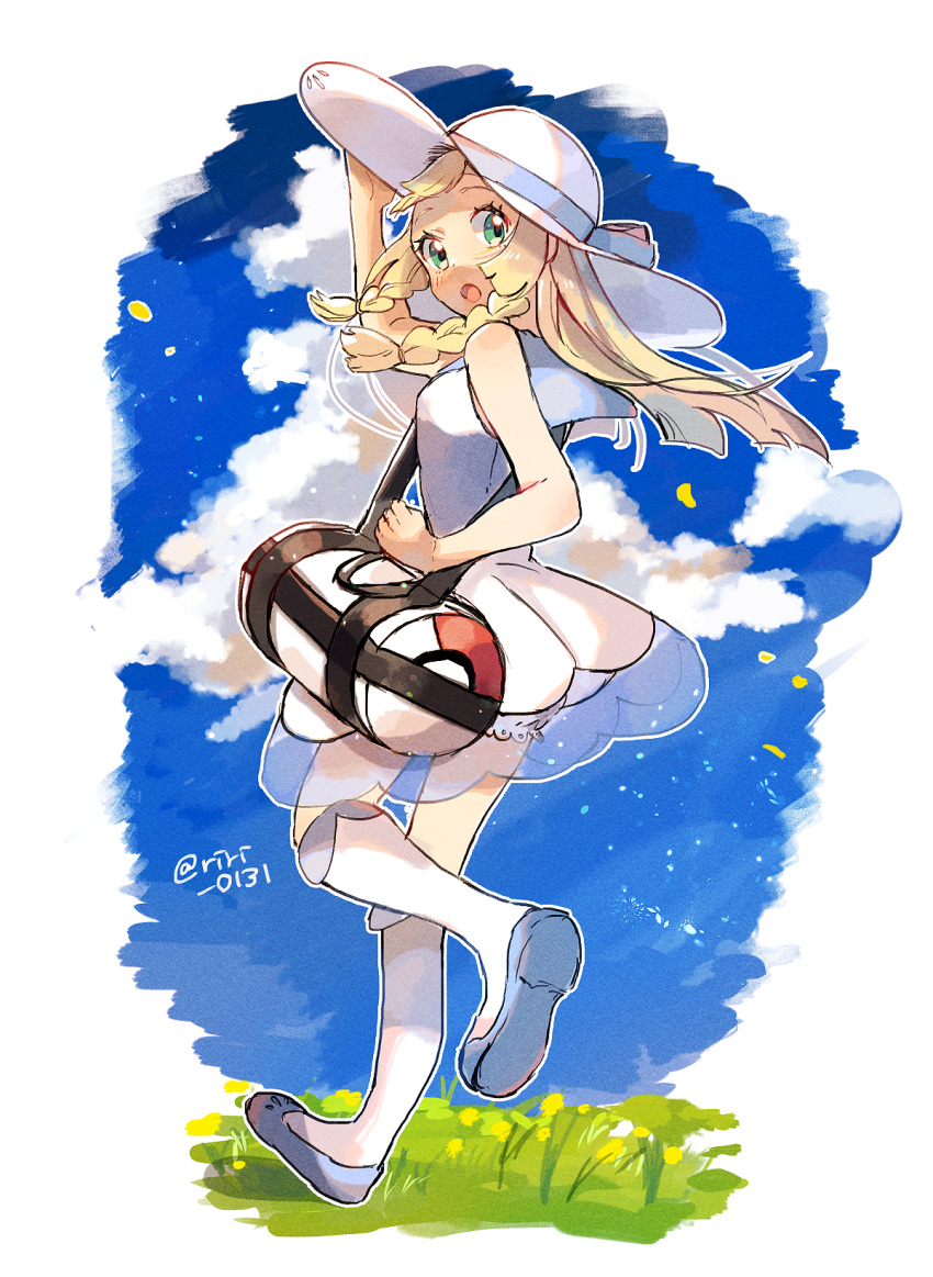 1girl bag blonde_hair blue_sky braid clouds creatures_(company) dress duffel_bag from_side full_body game_freak grass green_eyes hand_on_headwear hat highres lillie_(pokemon) long_hair looking_back nintendo open_mouth petals poke_ball_theme pokemon pokemon_(game) pokemon_sm ririmon see-through sky sleeveless sleeveless_dress solo sun_hat twin_braids twitter_username white_dress white_hat