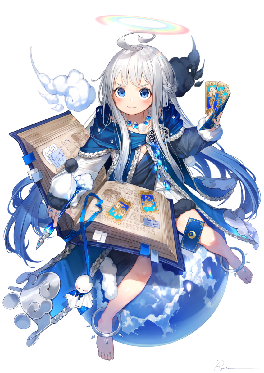 1girl ahoge anklet ball barefoot blue blue_cloak blue_ribbon blush book braid card cloak closed_mouth clouds dress french_braid halo highres holding holding_book holding_card holding_pen jewelry long_hair long_sleeves looking_at_viewer necklace open_book original pen rainbow ribbon ring ryota_(ry_o_ta) silver_hair simple_background sitting sleeves_past_wrists solo sweat thick_eyebrows thighs very_long_hair white_background white_dress